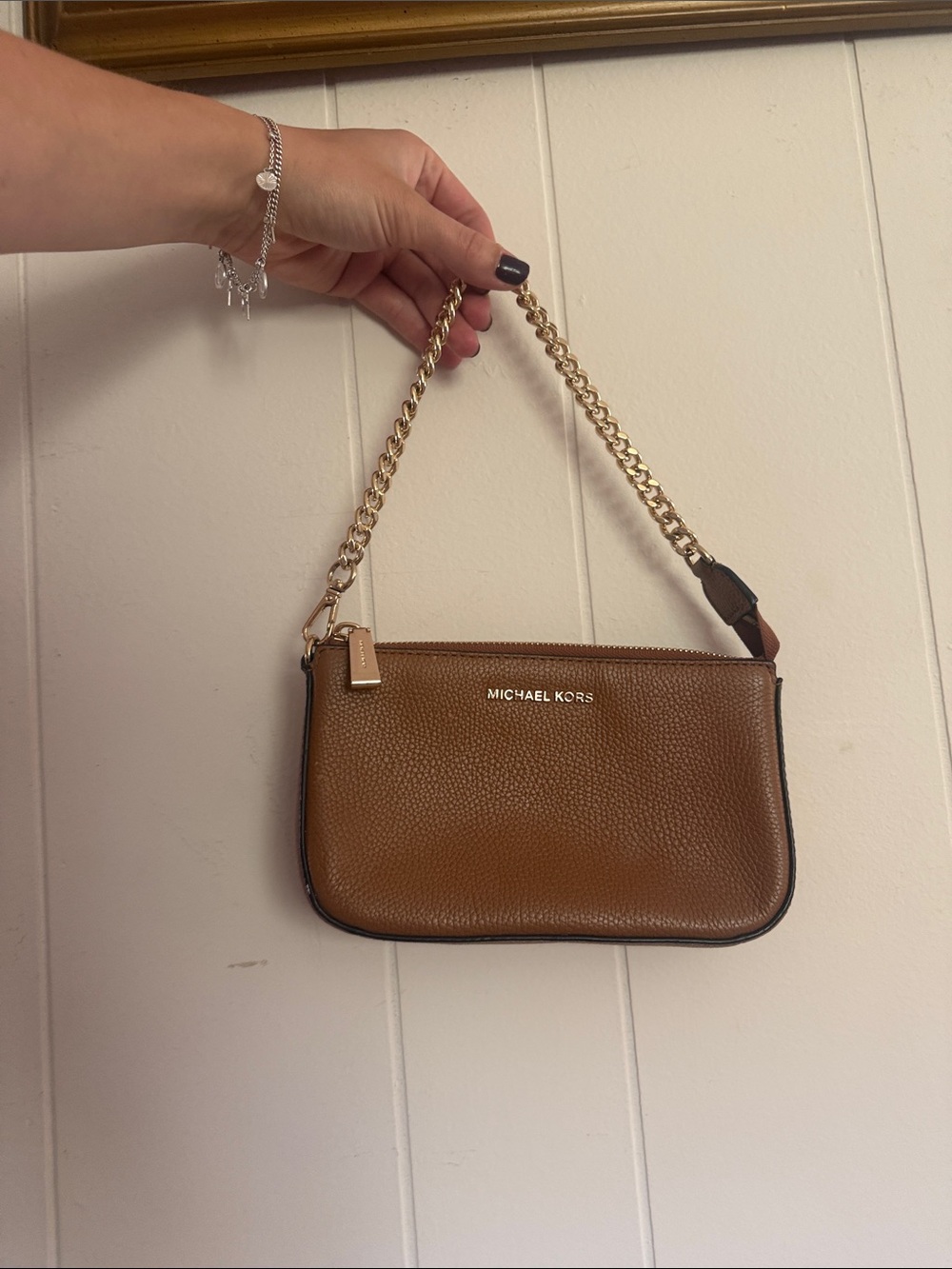 Michael Kors Tan Pebbled Leather Mini Shoulder Bag with Gold Chain